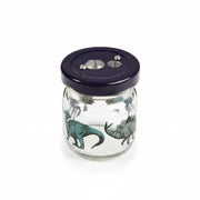 Dinosaur glass jar pencil sharpener angled view on white background