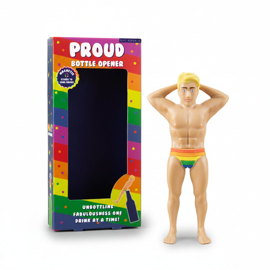 Front-facing image of the Proud Bottle Opener, showing a smiling character design with a smooth matte finish and sculpted arms and chest.