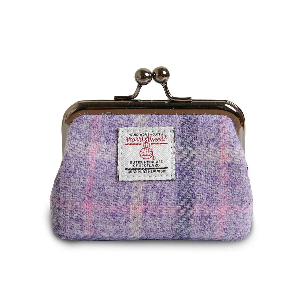 Purple tartan Harris Tweed coin purse with kiss lock clasp on white background