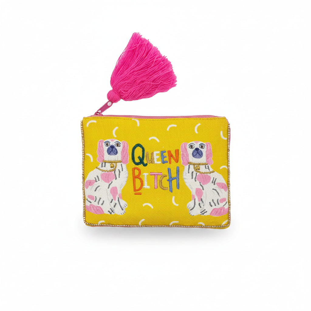 Studio image of Queen Bitch Pouch with bright pink tassel zip pull.