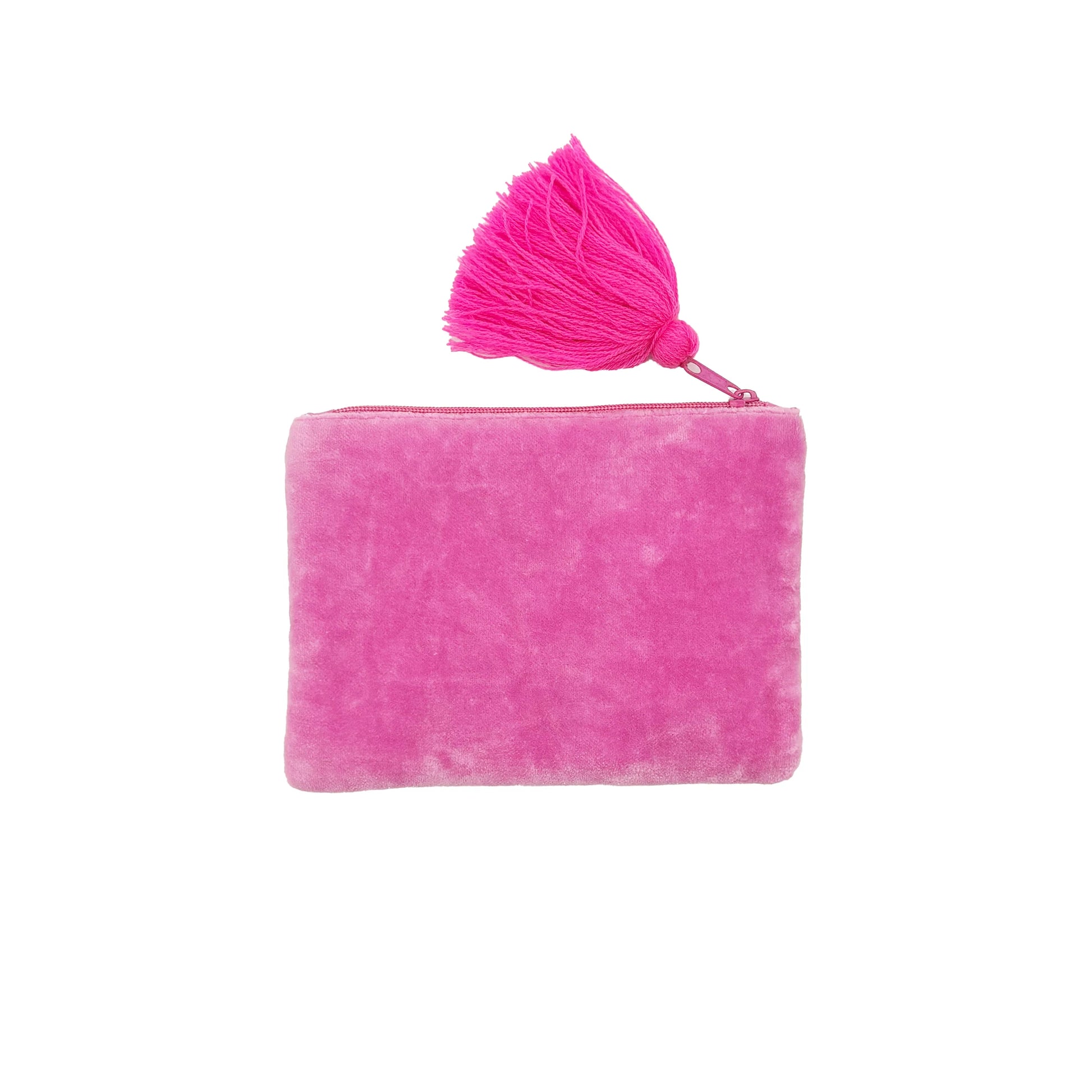 Rear view showing full pink velvet back and zipper detail.