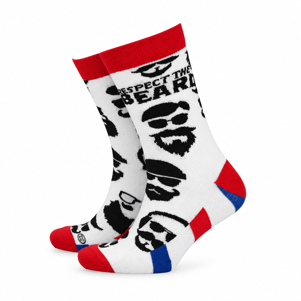 Respect the Beard men’s bamboo socks in white with black beard and sunglasses pattern, red cuffs and heels, blue toe accents – sustainable bamboo socks by Sock Therapy.