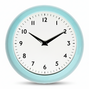 Blue retro wall clock front view showing Arabic numerals