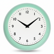 Mint-green retro wall clock front view showing Arabic numerals