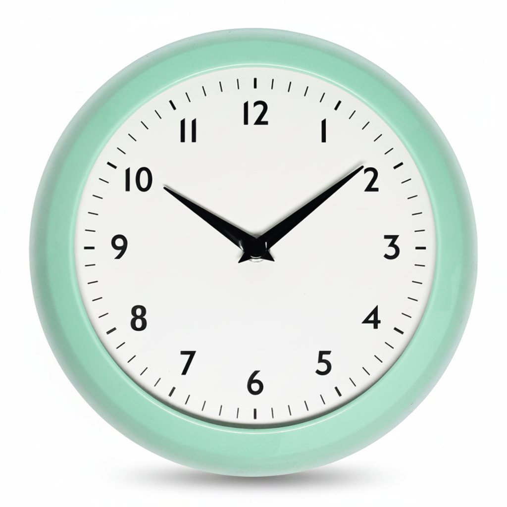 Mint-green retro wall clock front view showing Arabic numerals