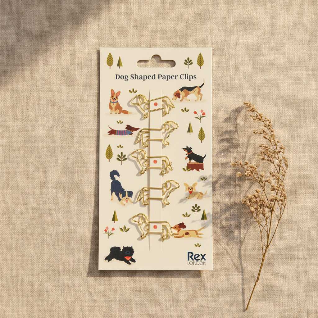 Front view of Rex London Dog Shaped Paper Clips set, featuring five gold metal clips shaped like dogs, displayed on a playful illustrated backing card with various cartoon dogs in a dog park setting.