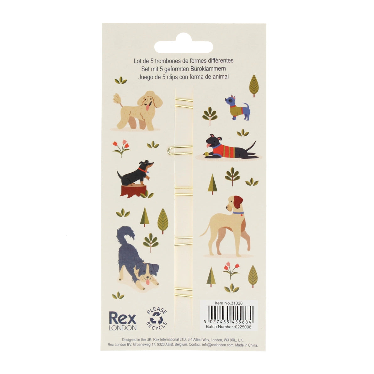Back of Rex London Dog Shaped Paper Clips packaging showing gold clips from behind and colourful illustrations of dogs playing in a whimsical park scene, with multilingual product description and recycling logo.