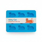 Front view of blue cat-shaped silicone ice tray with packaging.