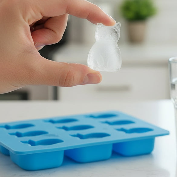 Top view of empty blue silicone tray showing nine cat moulds.