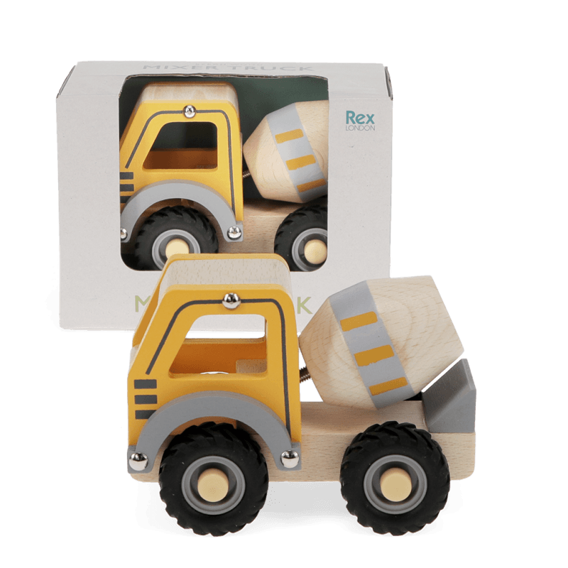 Angled view of wooden cement mixer toy showing rotating drum