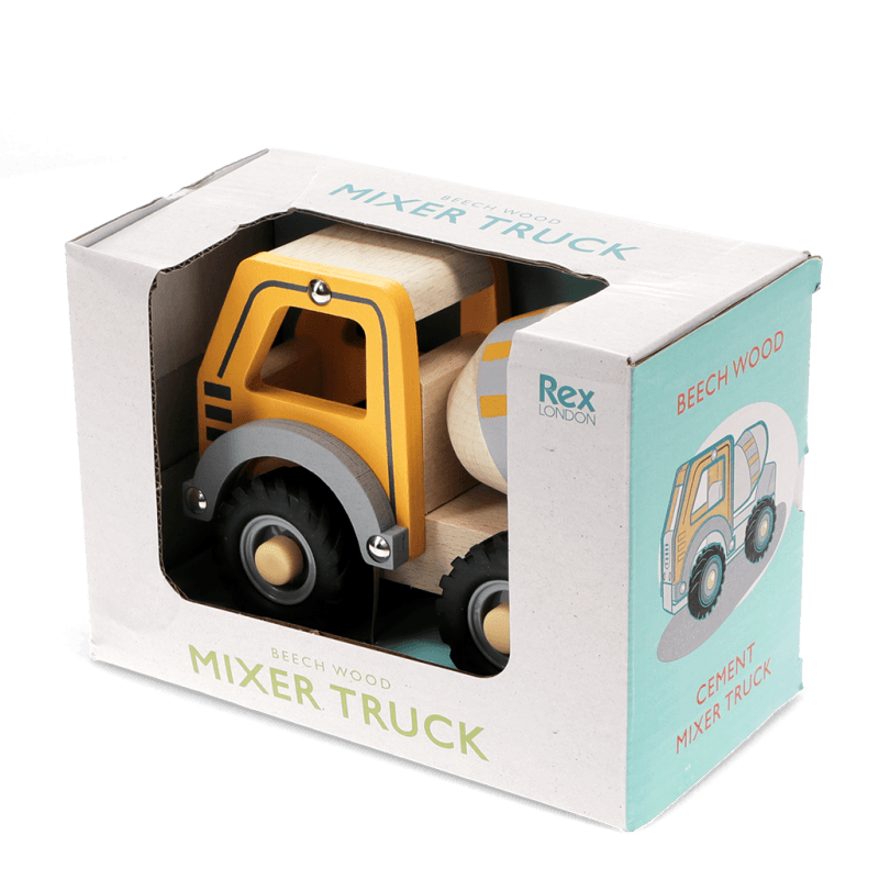 Rex London wooden mixer truck toy in illustrated retail box