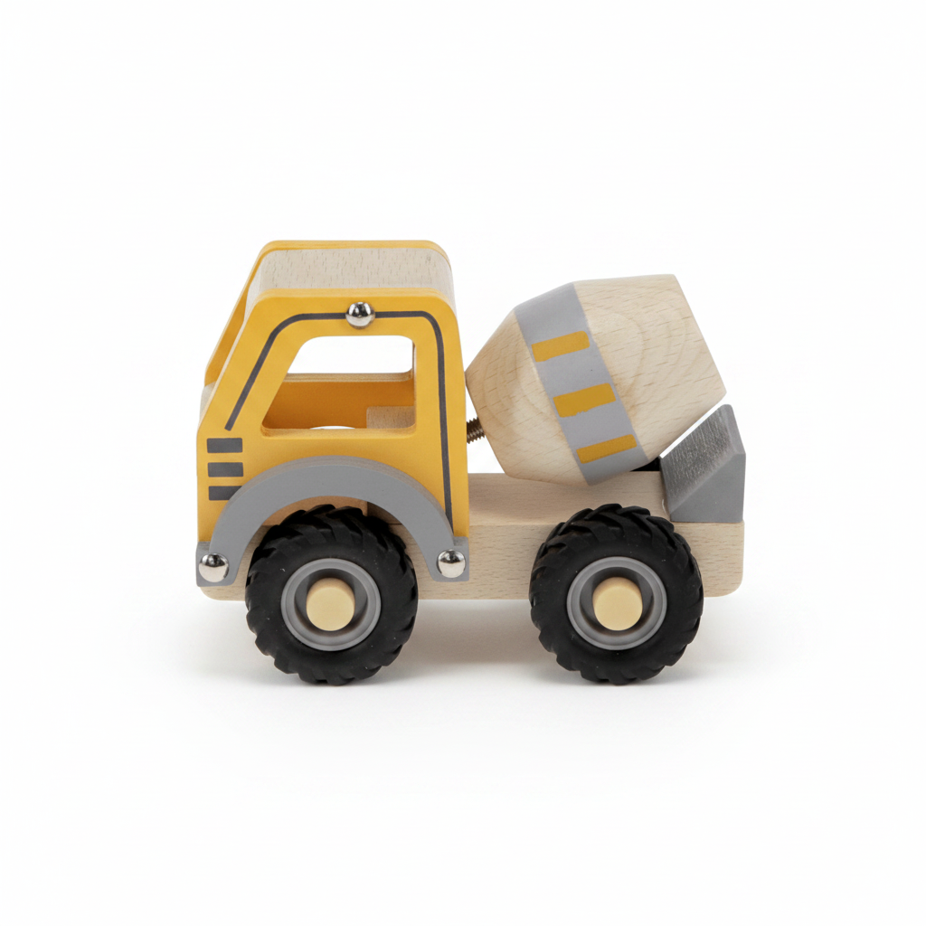 Close view of yellow beech wood cement mixer truck toy