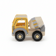 Close view of yellow beech wood cement mixer truck toy