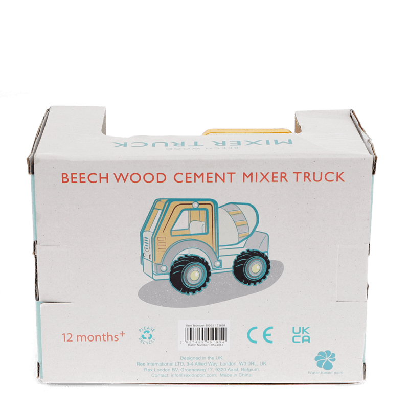 Back of mixer truck box showing beech wood toy details