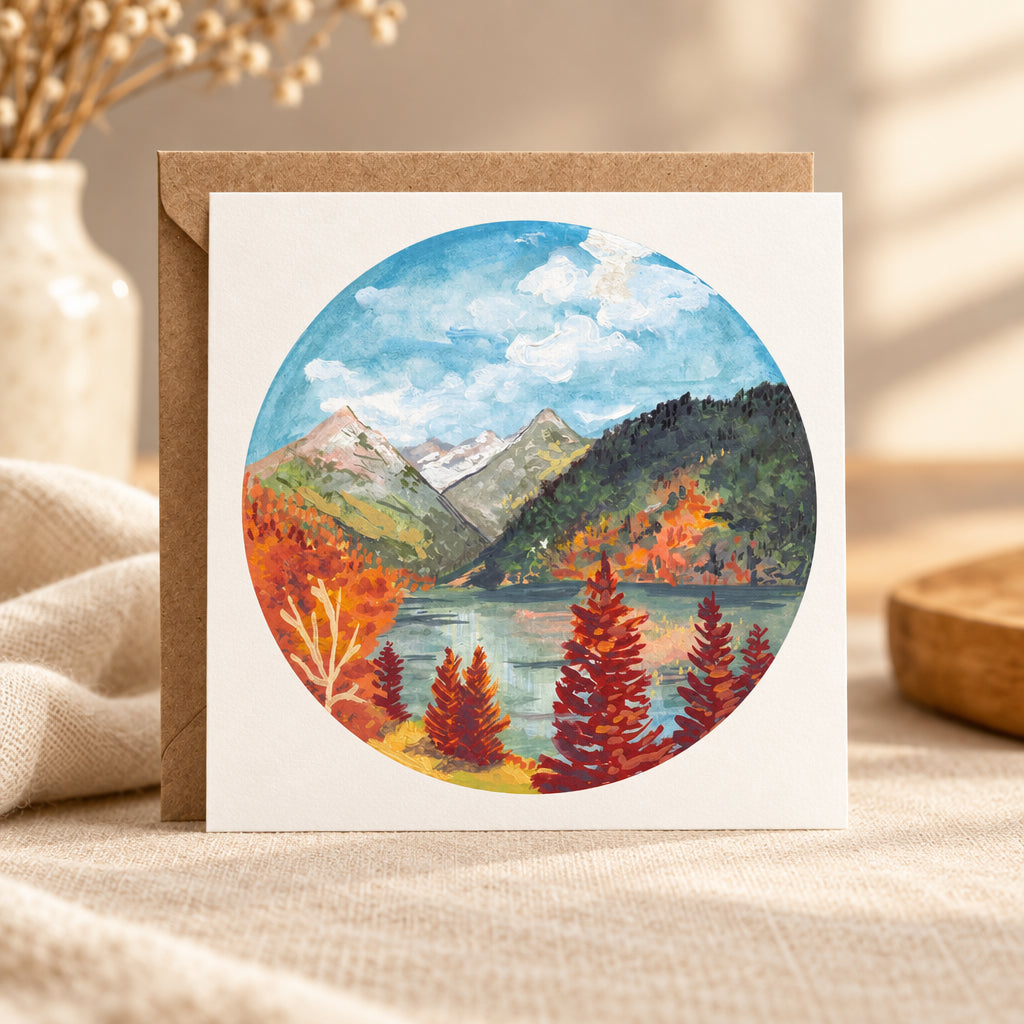 A square white greeting card with a brown kraft envelope behind it, featuring a circular watercolor-style illustration of a mountain lake landscape with autumn trees under a blue sky.
