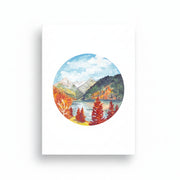 Rocky Mountains in fall art print with lake, forest and snow-capped peaks.