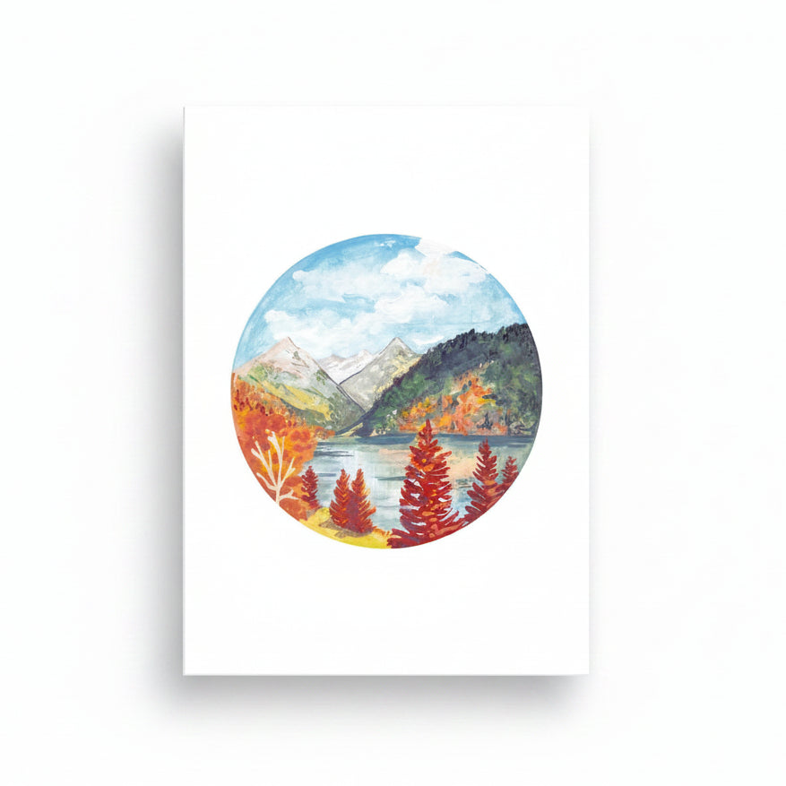 Rocky Mountains in fall art print with lake, forest and snow-capped peaks.