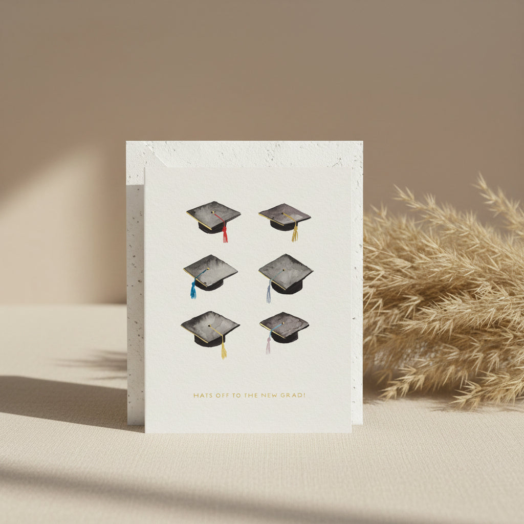 Graduation cap design on a white card with text 'Hats off to the new grad!'.