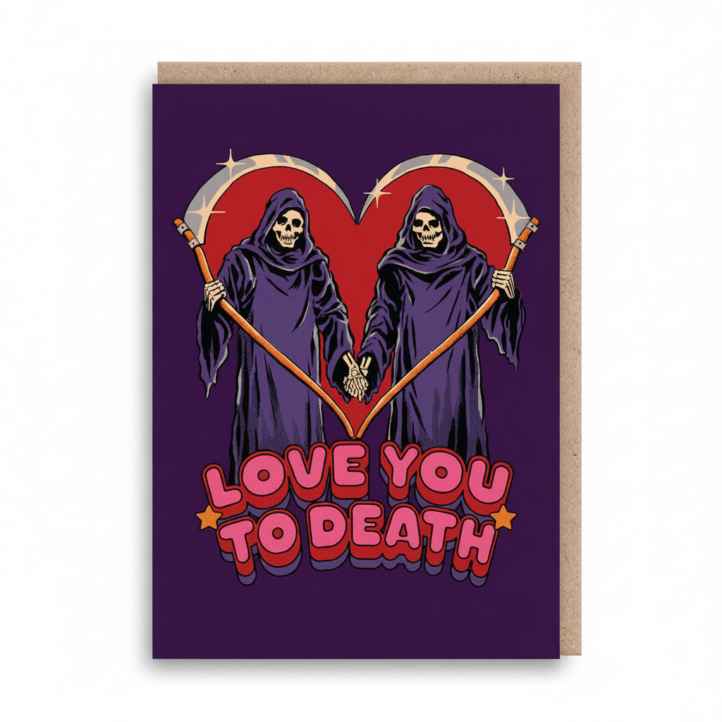 Purple card with two hooded reapers holding hands inside a red heart