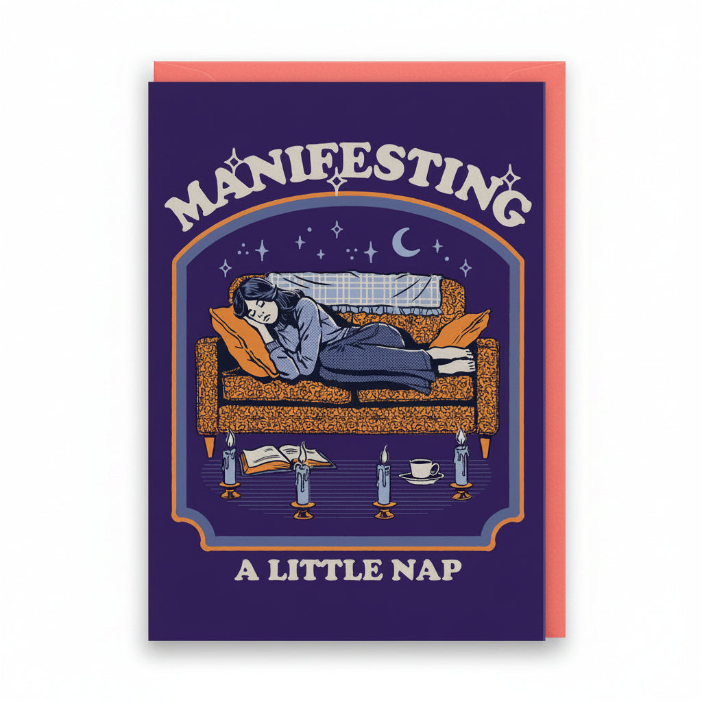 Purple card showing a woman asleep on a sofa surrounded by lit candles