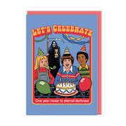 Retro blue card with children at a birthday party and the Grim Reaper behind