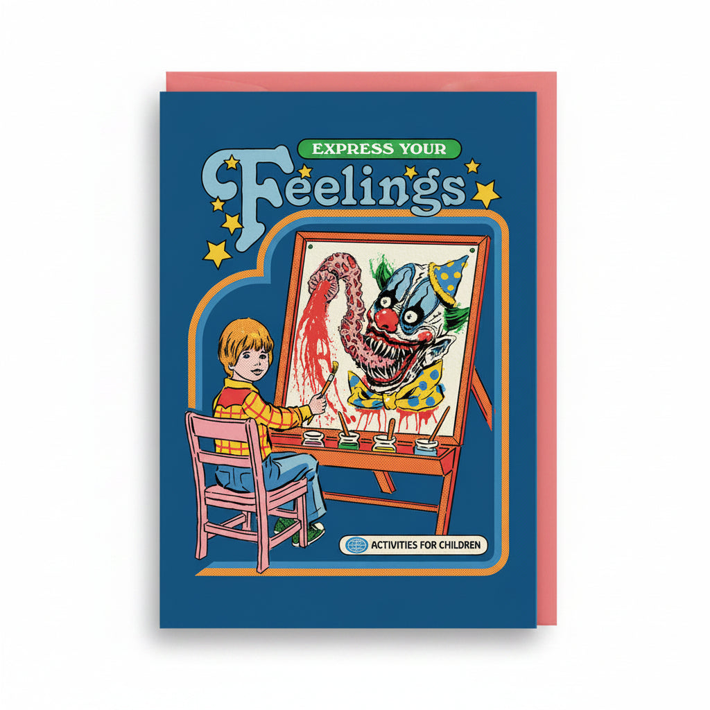 Blue card showing a child at an easel painting a monstrous grinning clown