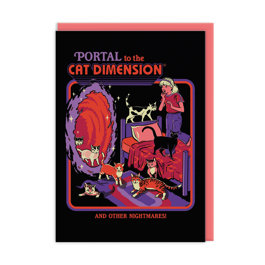 Black card showing a glowing portal with cats emerging into a child's bedroom