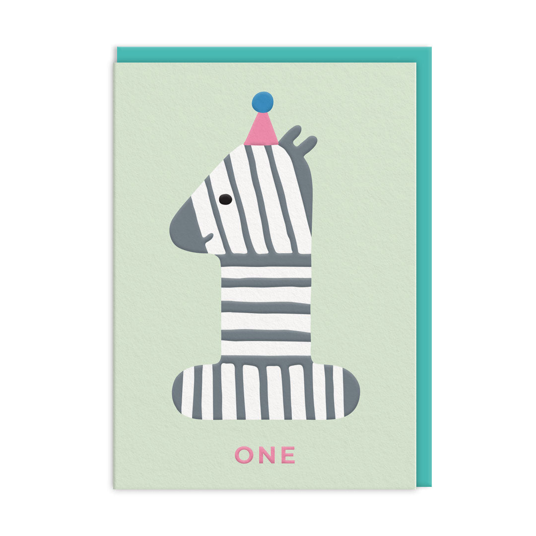 First birthday card with striped zebra shaped as number one on mint