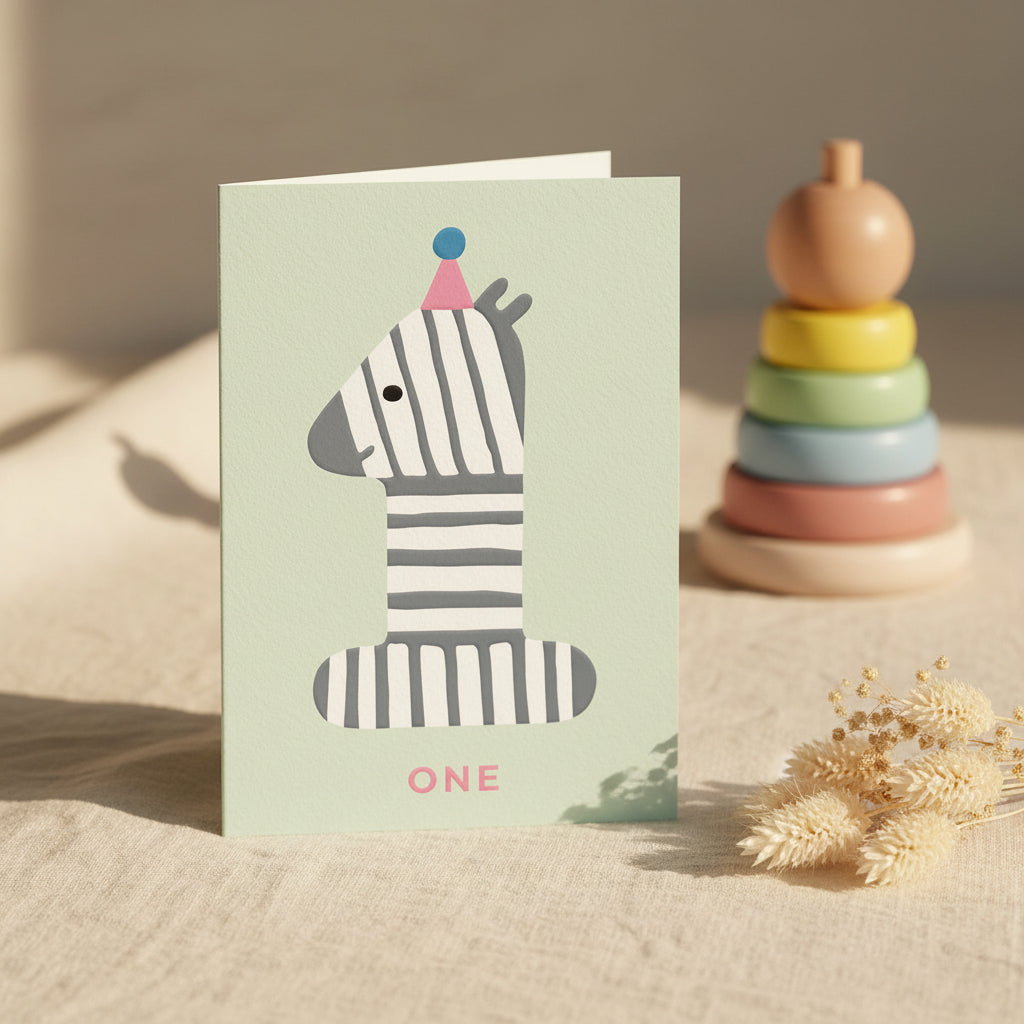Card with a zebra design and the number '1' on a light green background