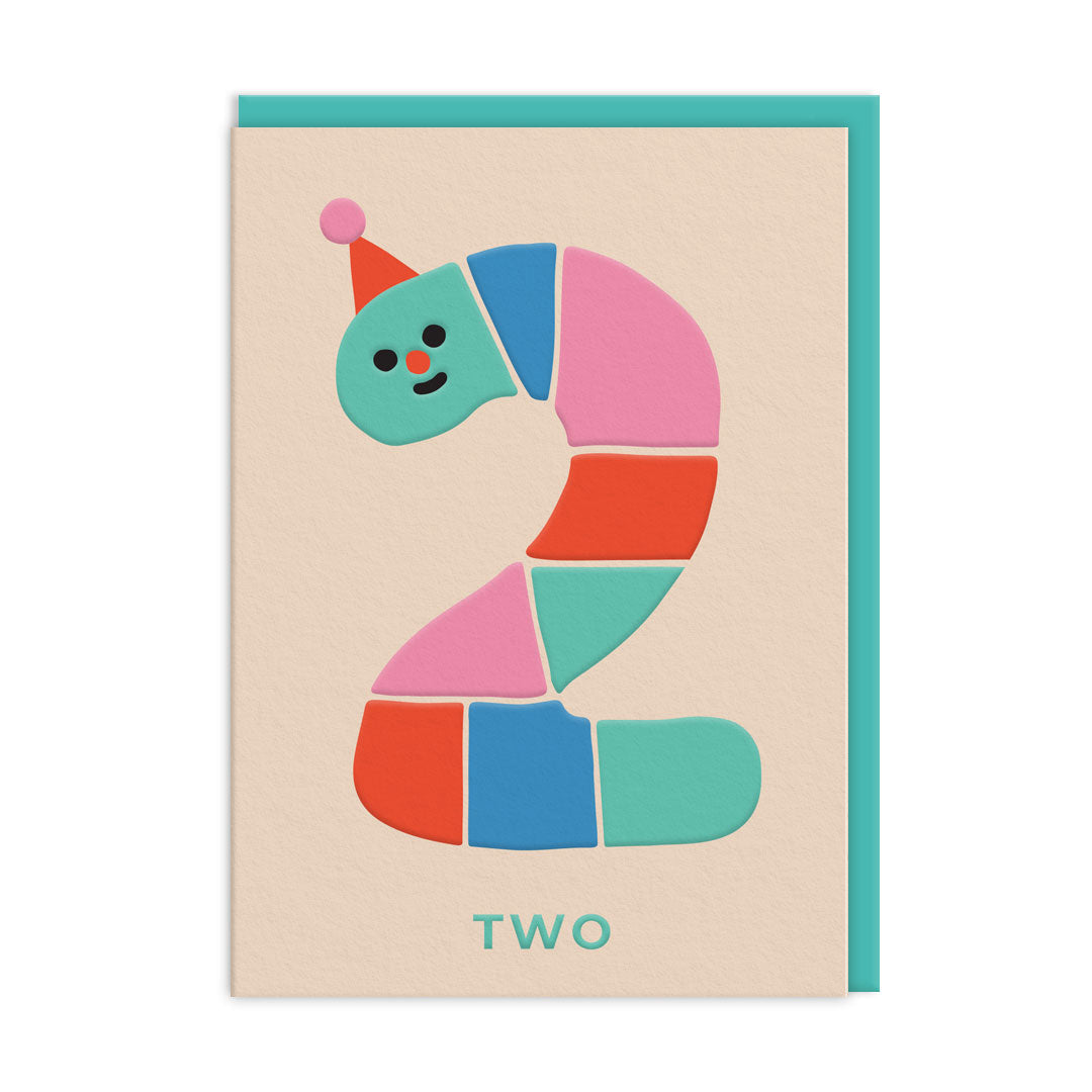 Second birthday card with segmented rainbow worm shaped as number two