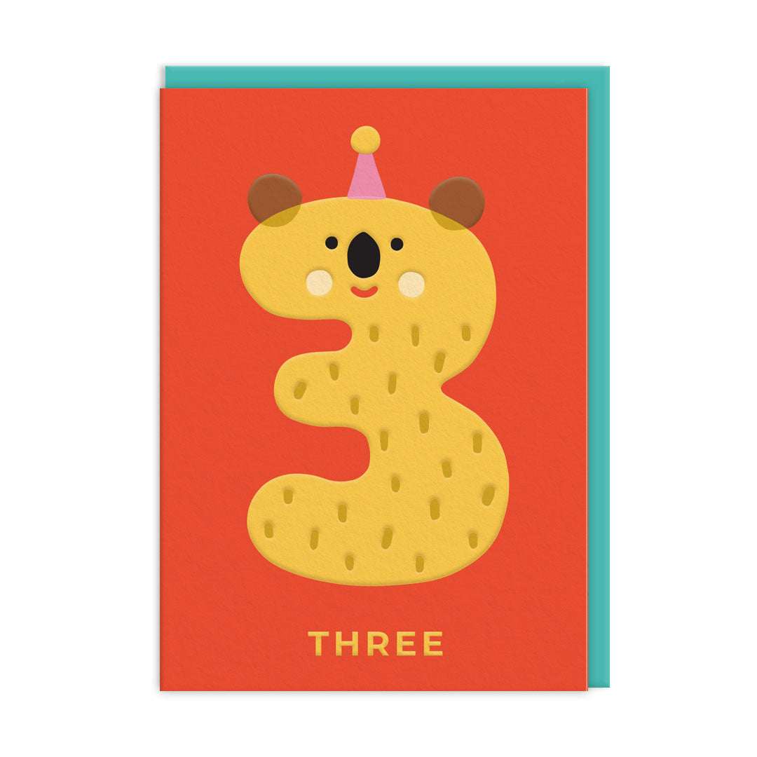 Third birthday card with yellow koala shaped as number three on orange