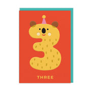 Third birthday card with yellow koala shaped as number three on orange