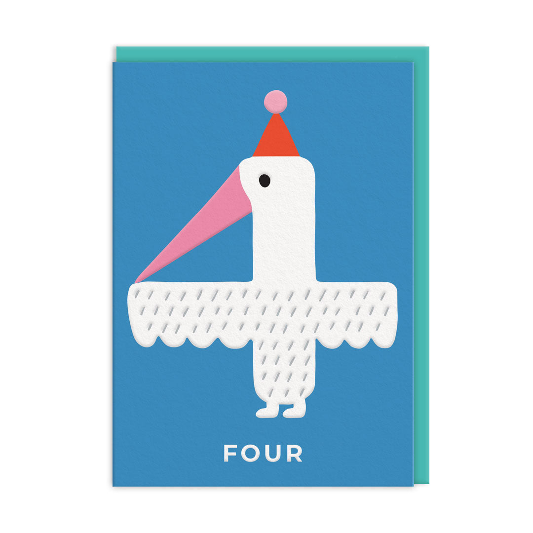 Fourth birthday card with white long-beaked bird shaped as number four