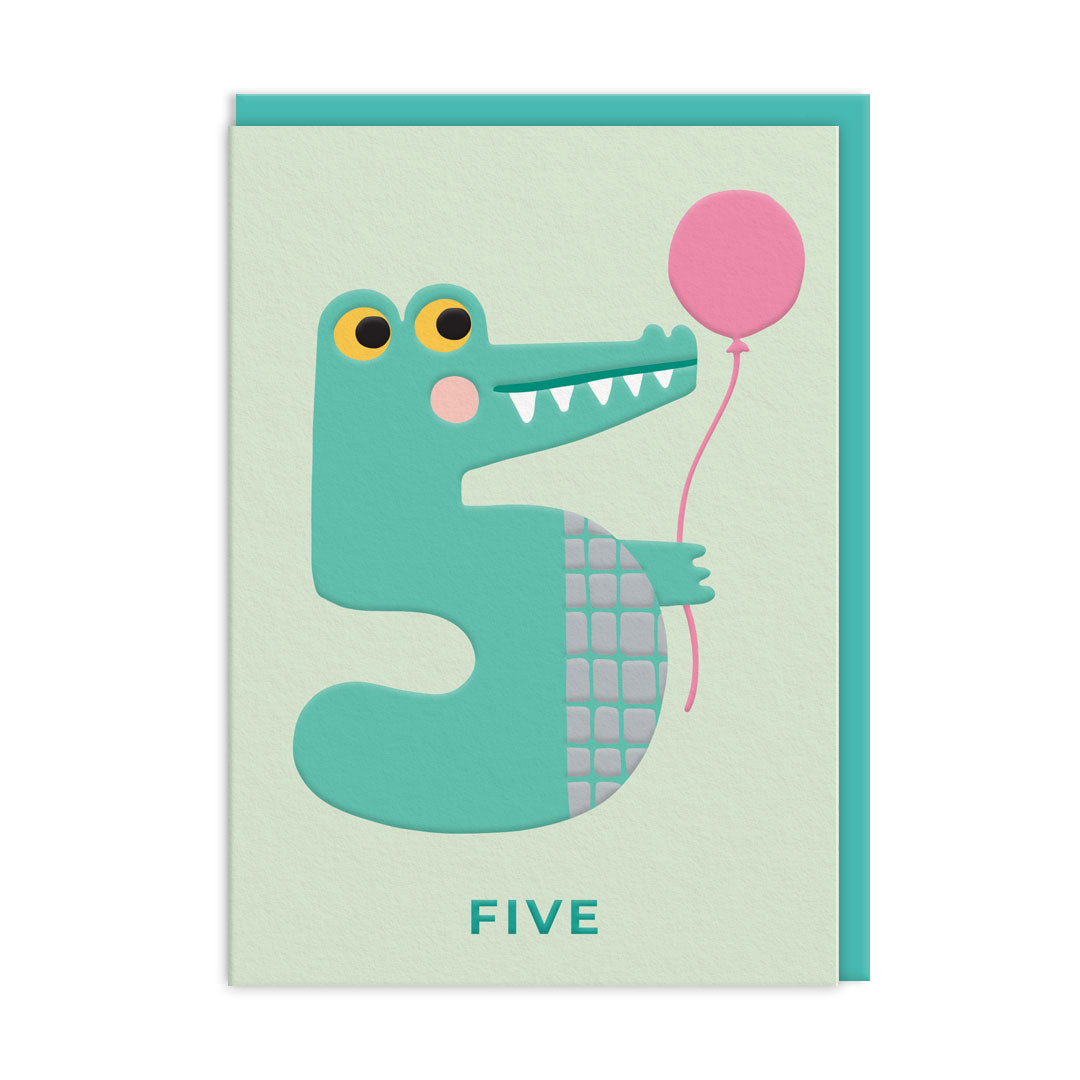 Fifth birthday card with green crocodile shaped as number five holding balloon