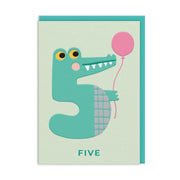 Fifth birthday card with green crocodile shaped as number five holding balloon