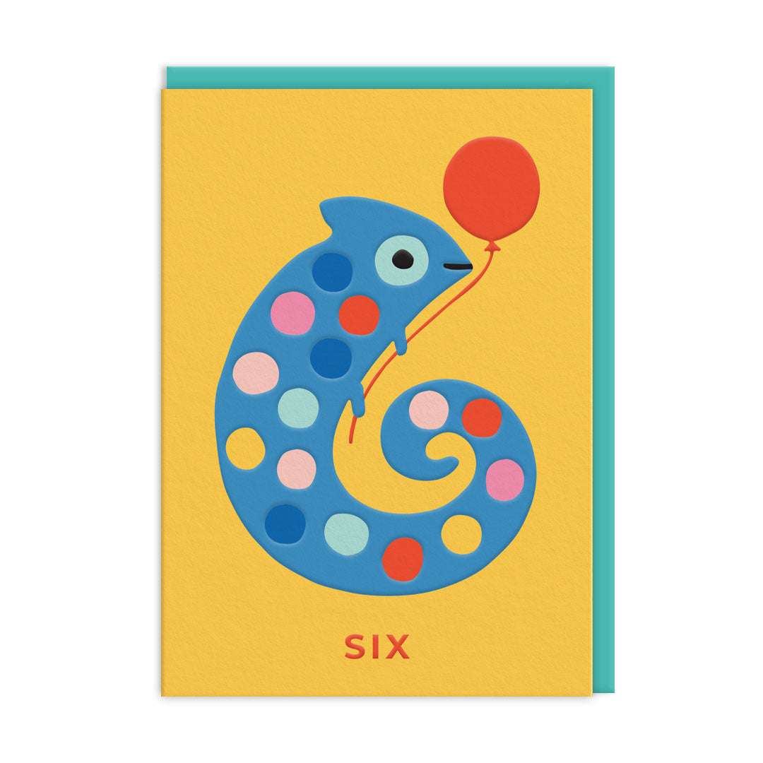 Sixth birthday card with spotted blue chameleon shaped as number six