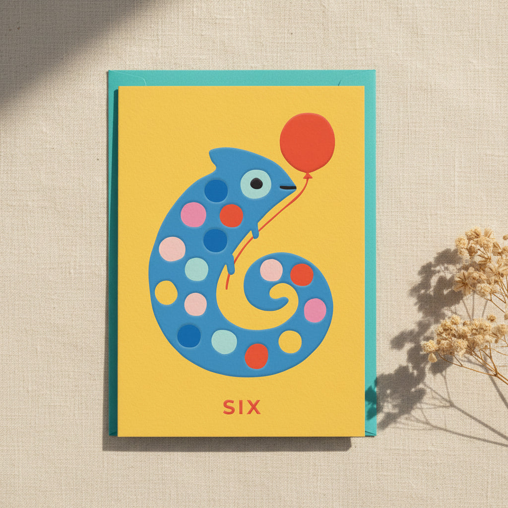 Children's card with a blue polka-dotted number six holding a red balloon on a yellow background.