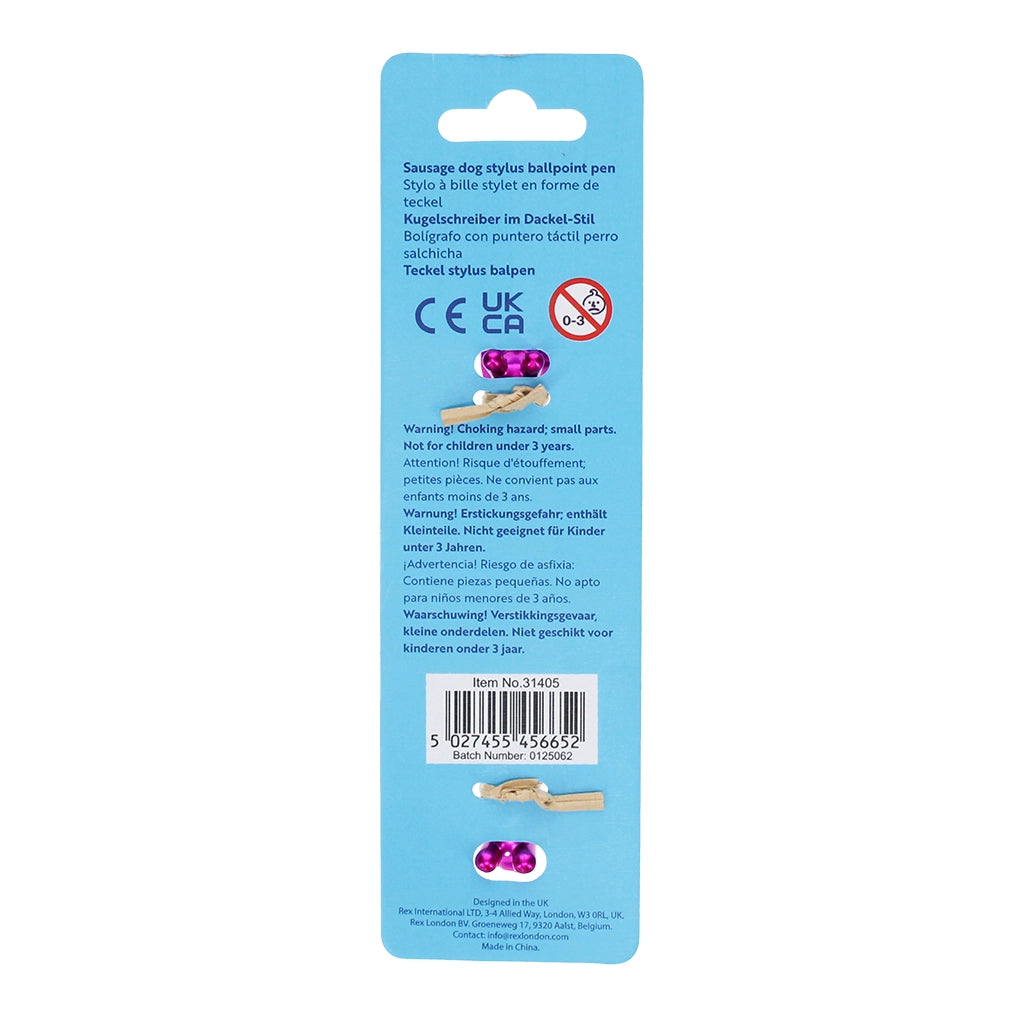 Back view of Sausage Dog Shaped Pen with Stylus packaging with product details.