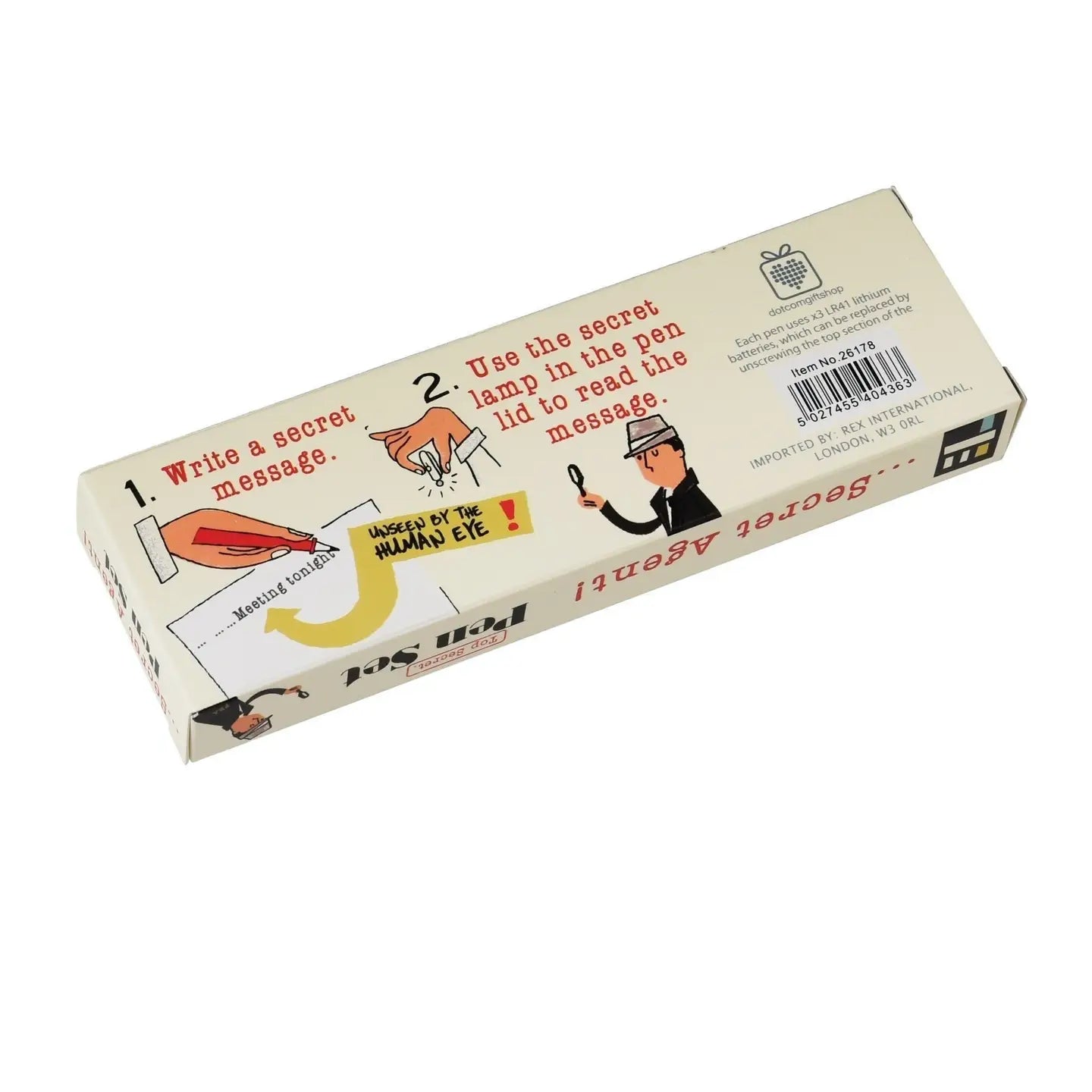 Back of Secret Agent Invisible Ink Spy Pens box with instructions.