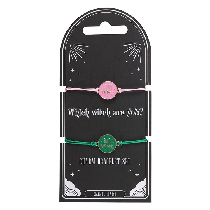 Good Witch and Bad Witch friendship bracelet set with black packaging card.