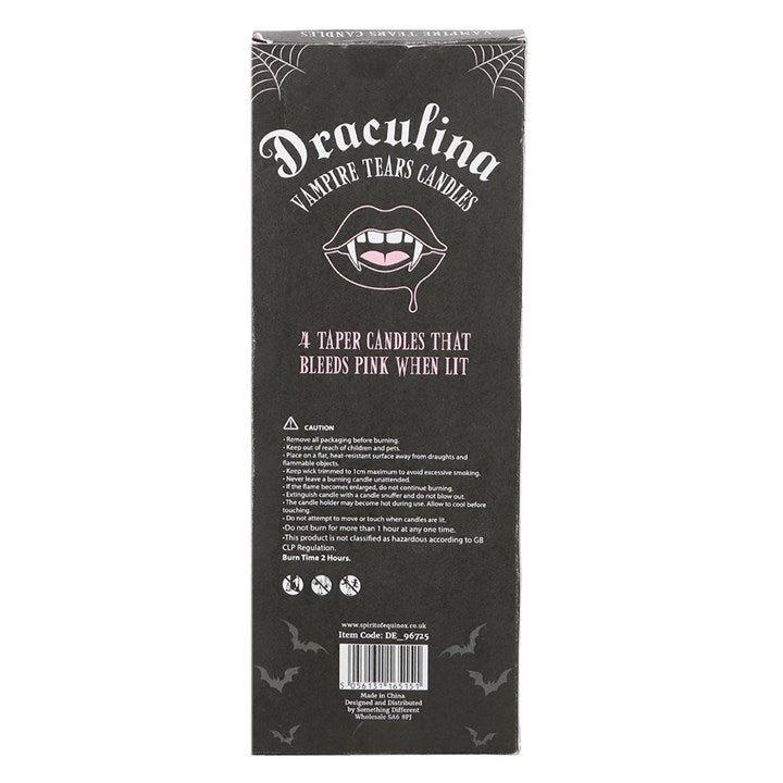 Back of Draculina Vampire Tears candle box showing gothic design and safety instructions with vampire lips illustration.