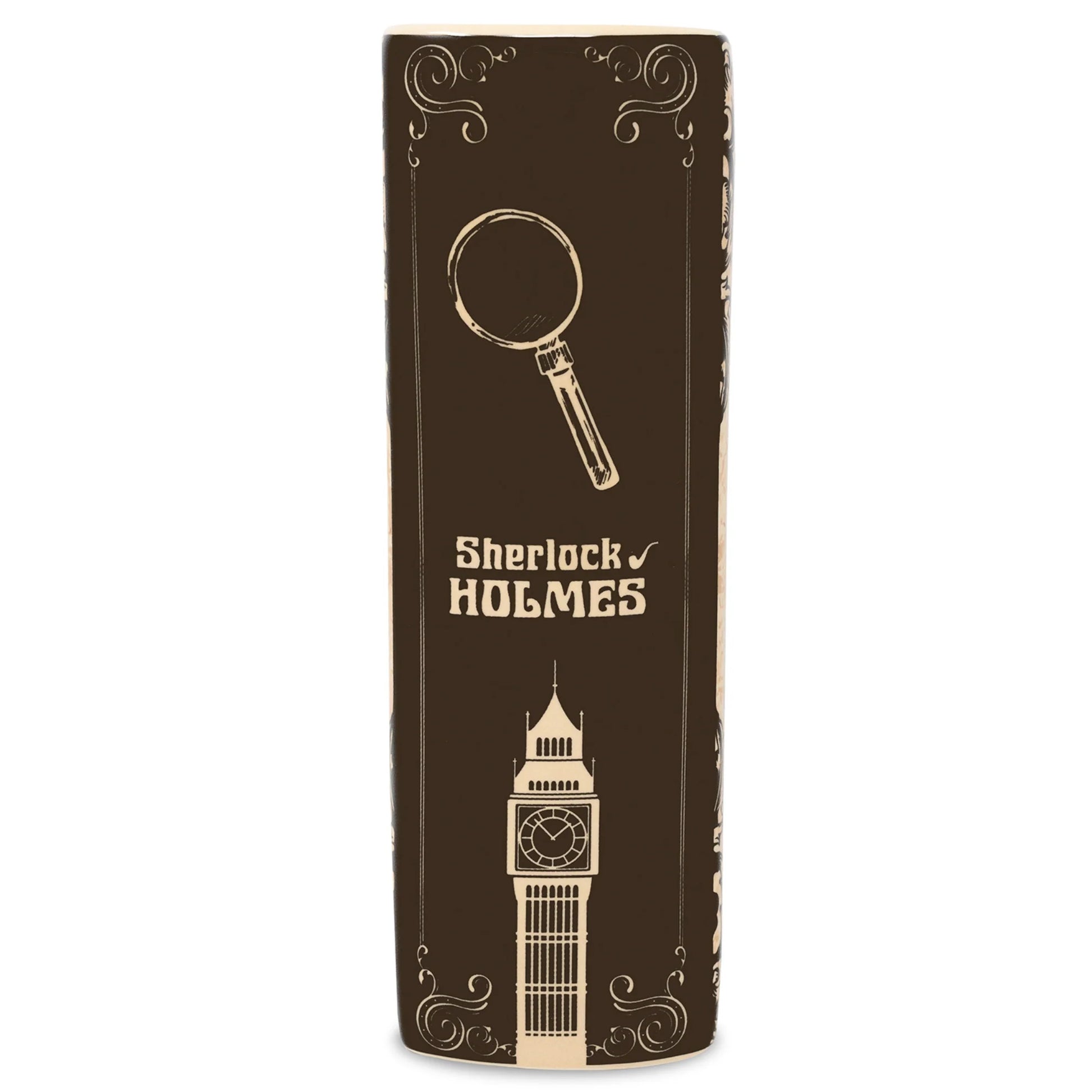 Spine view of Sherlock Holmes Large Book Vase featuring Big Ben illustration.