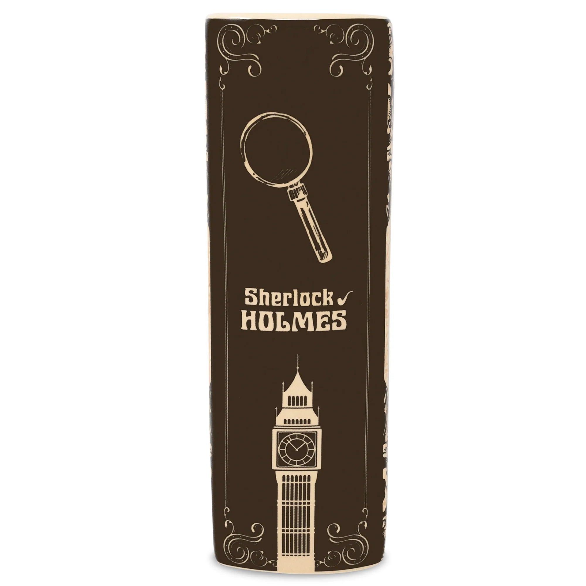 Spine view of Sherlock Holmes Large Book Vase featuring Big Ben illustration.