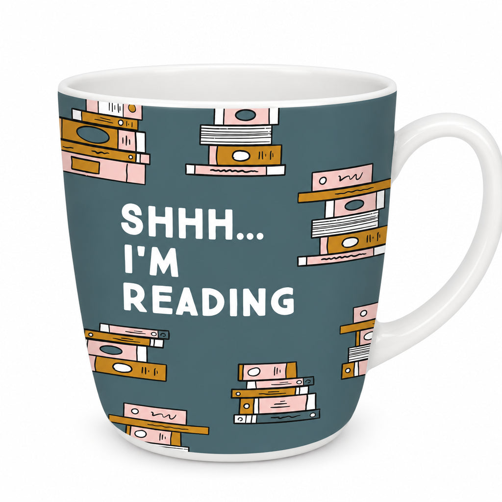 Shhh… I’m Reading Mug Front View – A stylish New Bone China mug featuring a playful “Shhh… I’m Reading” message with a stacked book design.