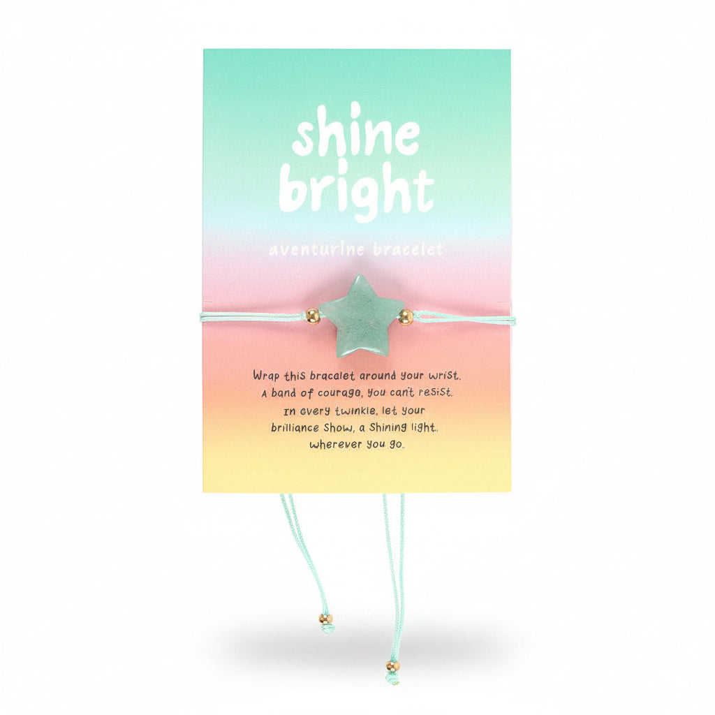 Shine Bright aventurine bracelet on rainbow gradient backing card