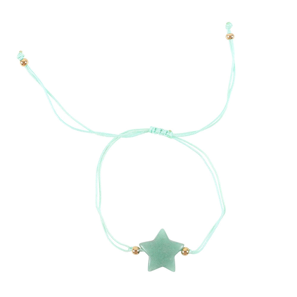 Mint cord bracelet with green aventurine star and gold beads on white background