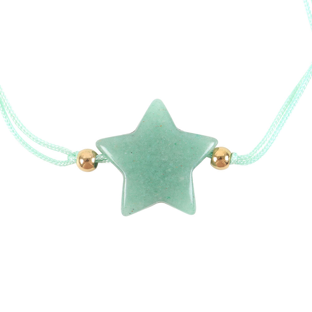 Close-up of green aventurine star bead on mint cord bracelet