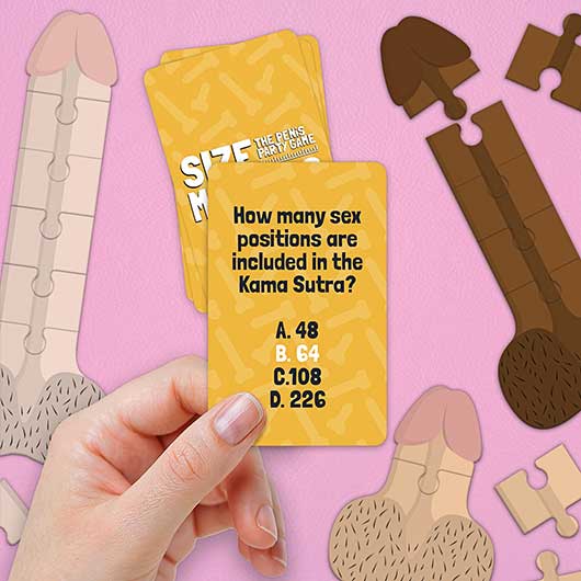 Size Matters adult trivia game card held against pink illustrated background