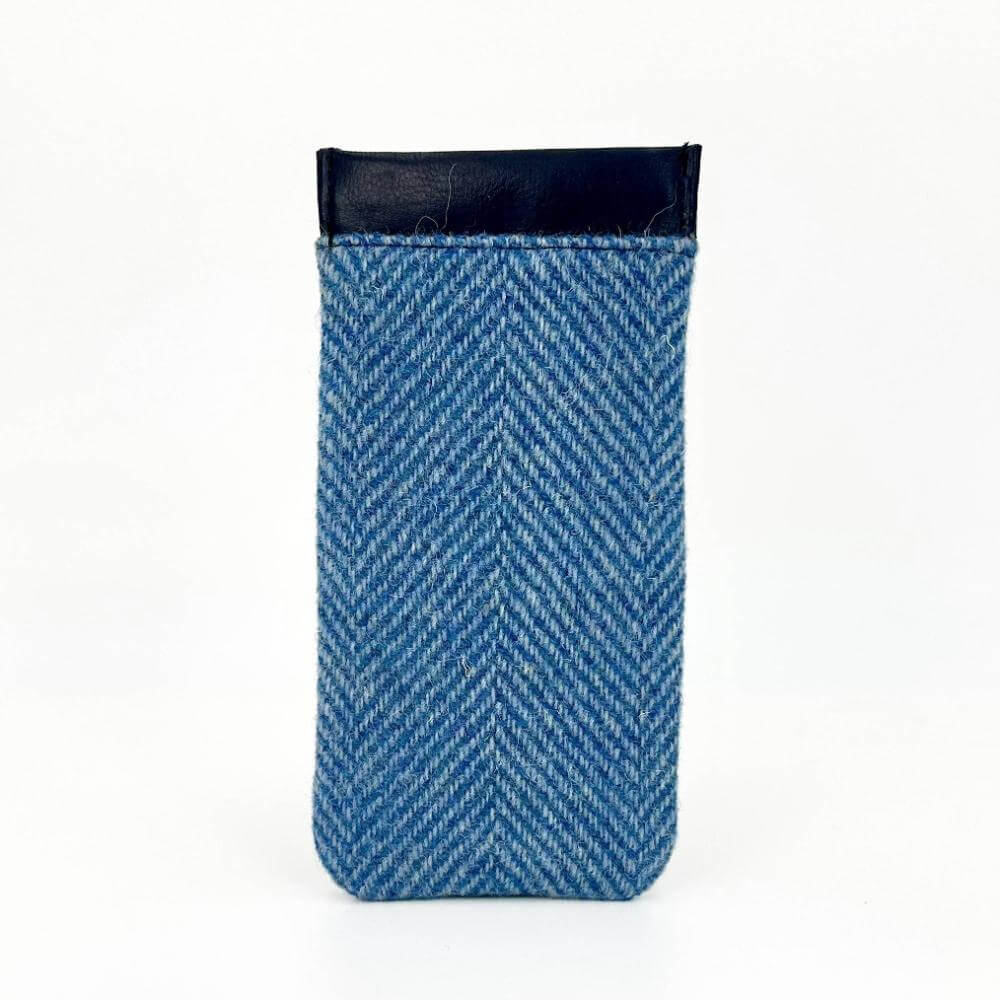Rear view of the Harris Tweed glasses case featuring smooth black vegan leather trim.
