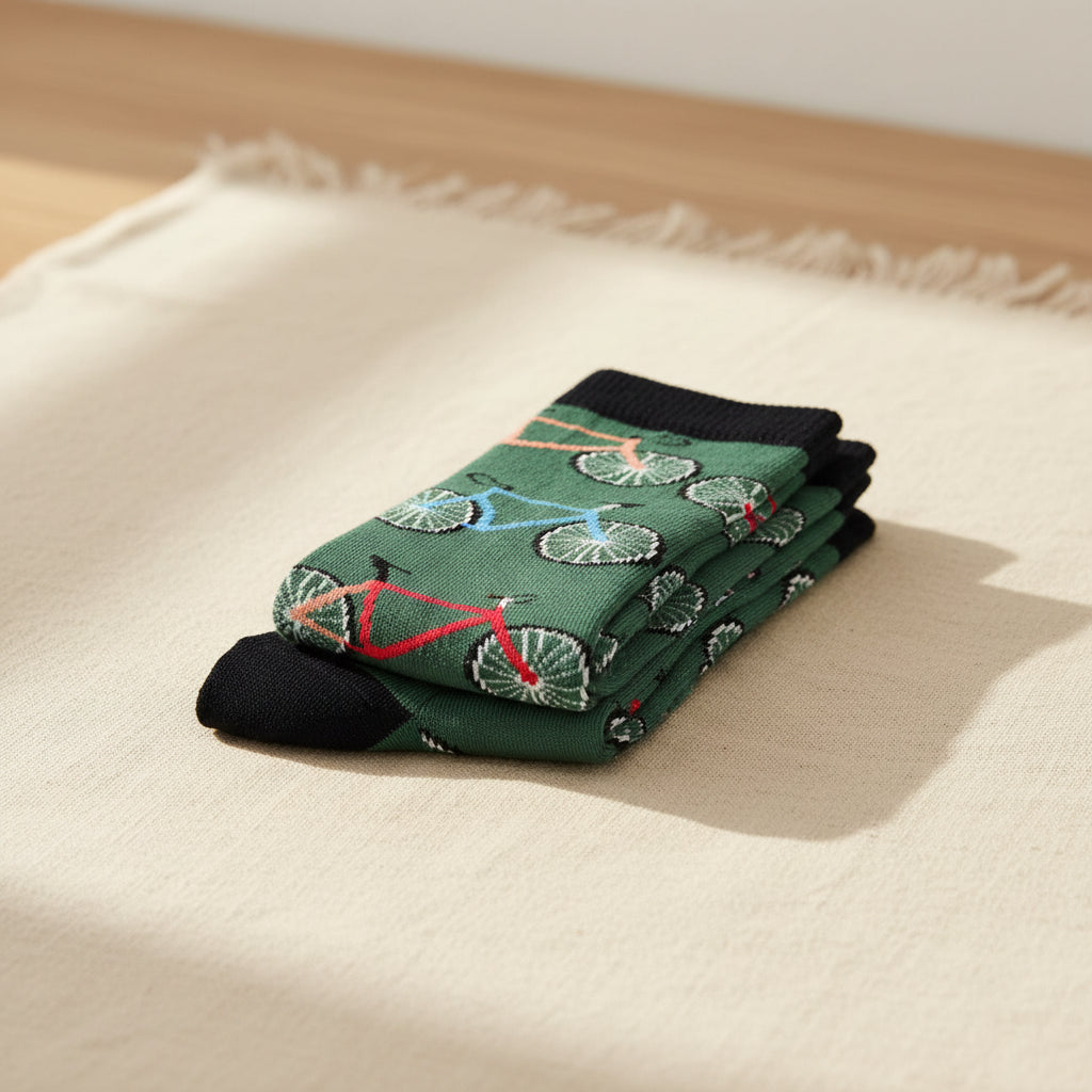 Green socks with bicycle pattern on a white background